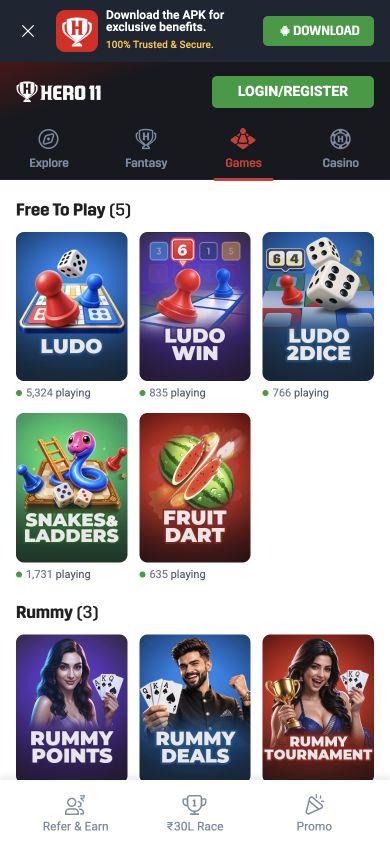Hero11 mobile Games directory showing Ludo, Ludo Win, Ludo 2Dice, Snakes and Ladders, Fruit Dart, and Rummy cards